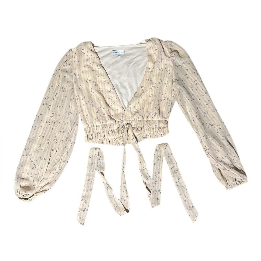 Gianni‎ Bini,Long-Sleeve Crop Top, V-Neck,XS, Floral/Stripes, Bottom tie